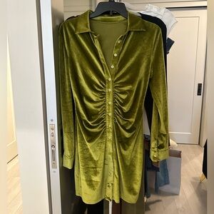 Olive Green Velvet Button-Up Mini Dress - M